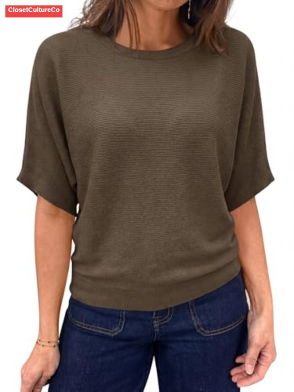 Womens Short Sleeve Sweater Boat Neck Batwing Knit Top Loose Fit